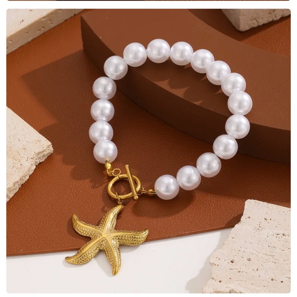 6 SETS of Gold Starfish Charm Pearl Bracelet